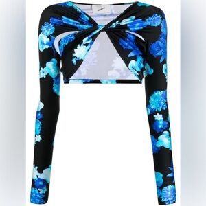 NWT Coperni Twist Cutout Cropped Draped Top Long Sleeve Crop Black Blue Flowers